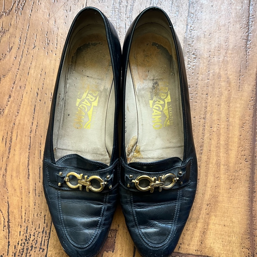Salvatore Ferragamo black leather loafers with gold detail women’s size 8.5